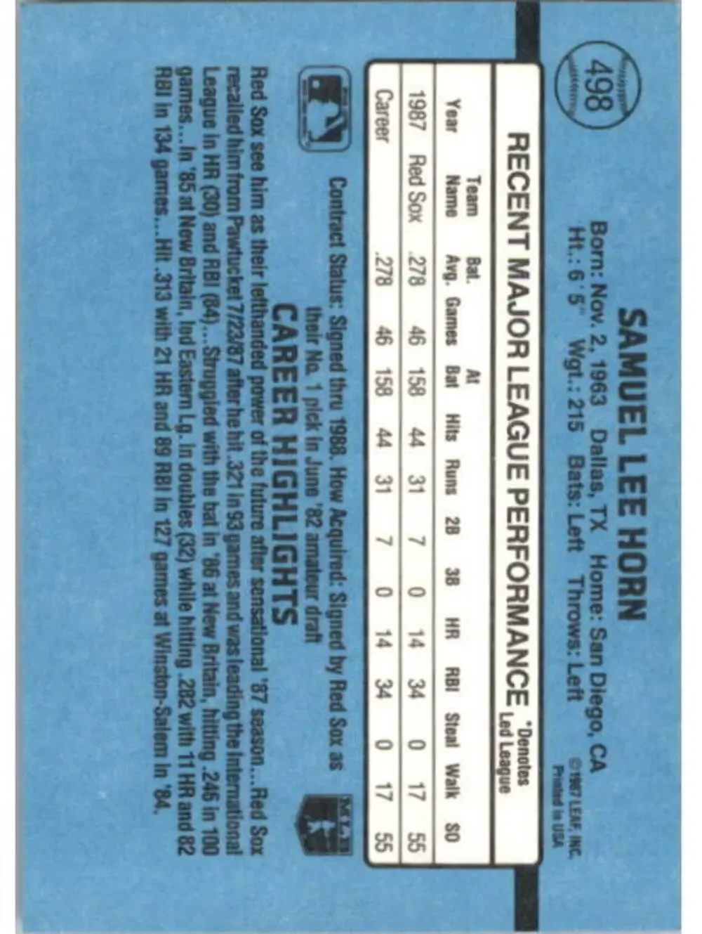 1988 Sam Horn Donruss Baseball Card #498